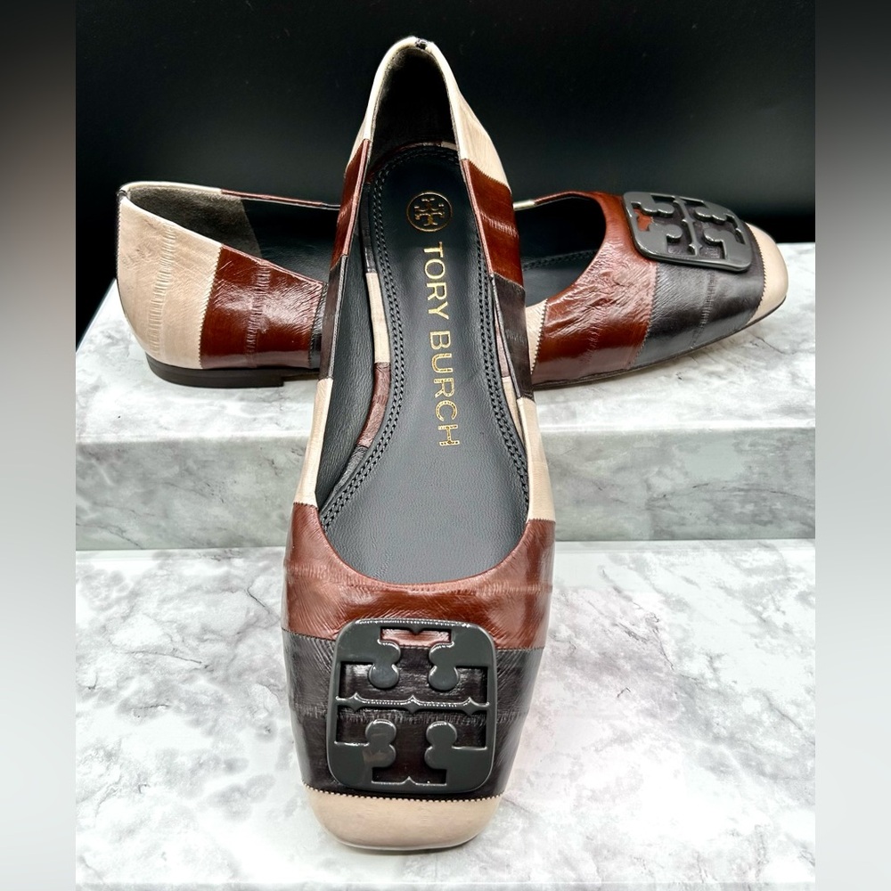TORY BURCH Georgia Ballet Flats Leather, Color-blocked, Striped Design. Size 6 M